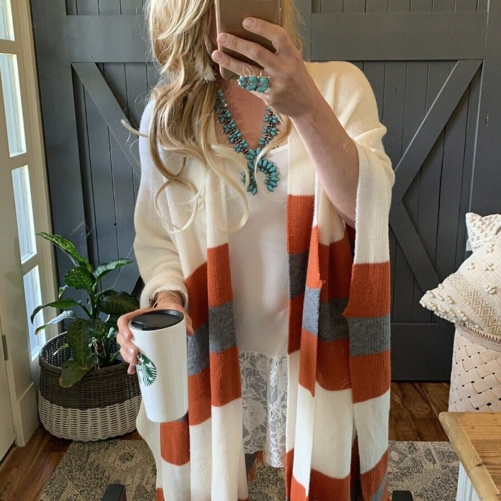 New Western Stripe Fringe Poncho Blanket Cardigan Sweater - Picture 2 of 9